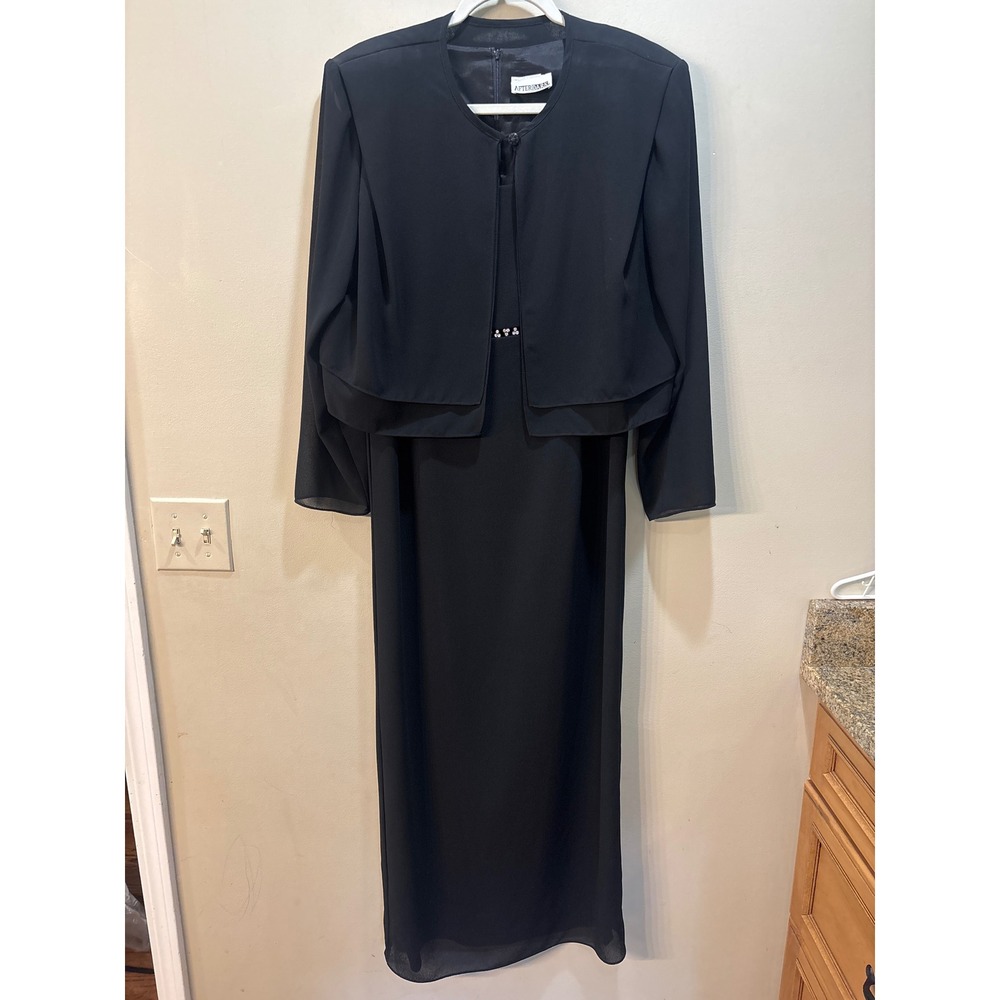 After Dark Black Maxi Dress and Bolero Jacket Set Rhinestone Waist Formal L?